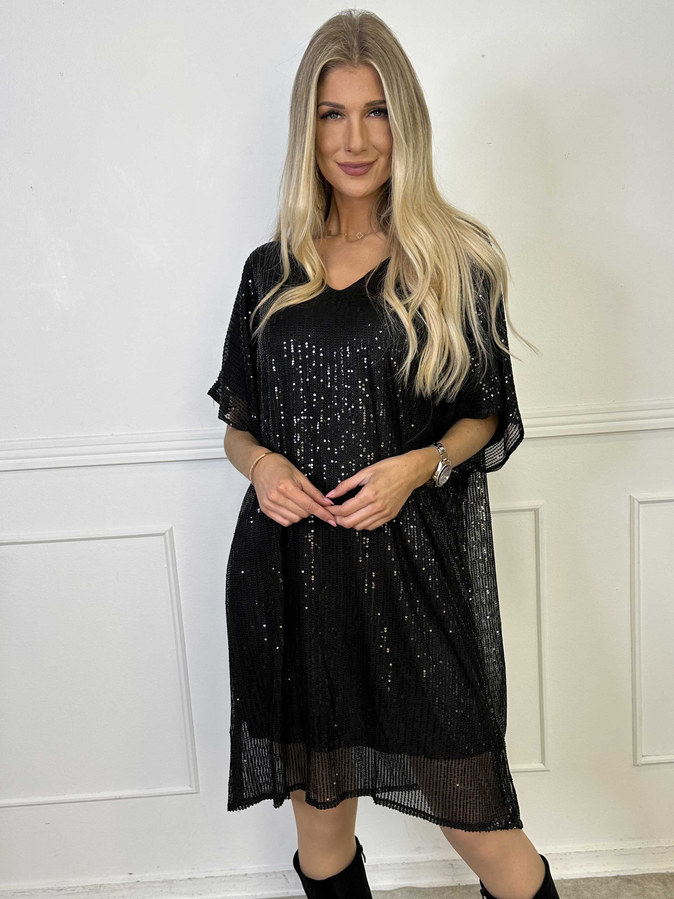 Norian - Festlig tunikakjole med pailletter og v-udskæring